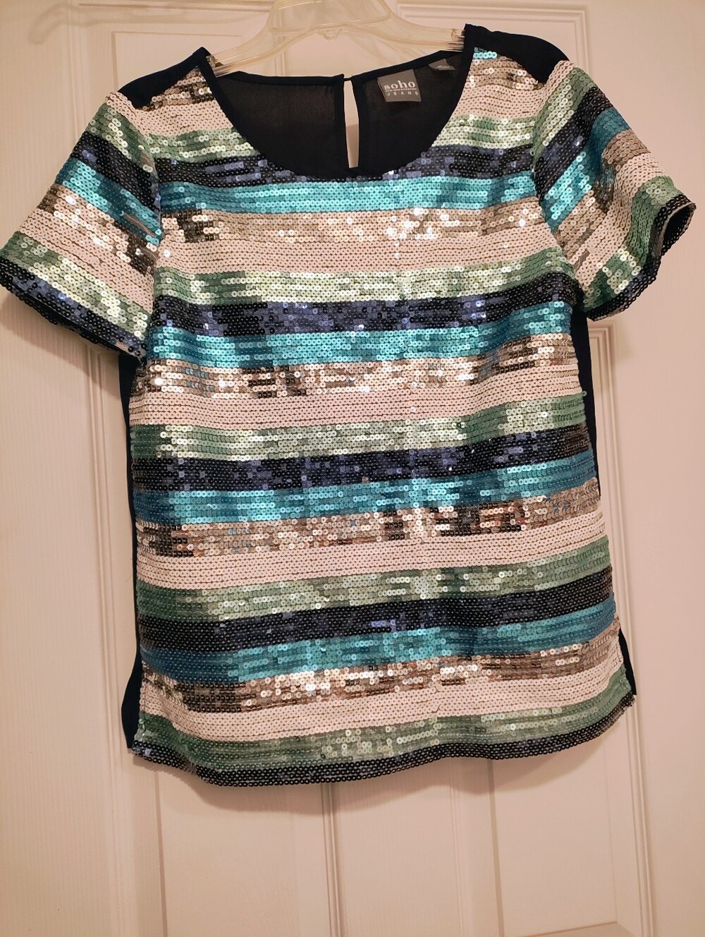 Soho New York and Company Sequin Striped Short-Sleeve Top in Teal, Navy & Cream